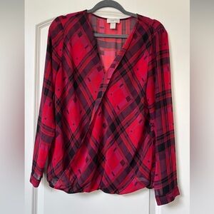 LOFT Red and Black Plaid V-Neck Blouse
